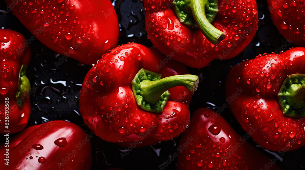 Fresh red bell peppers with water drops background. Vegetables backdrop. Generative AI