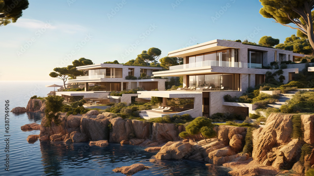 Luxury contemporaty villa on a mountain hill with a view on ocean. Generative AI