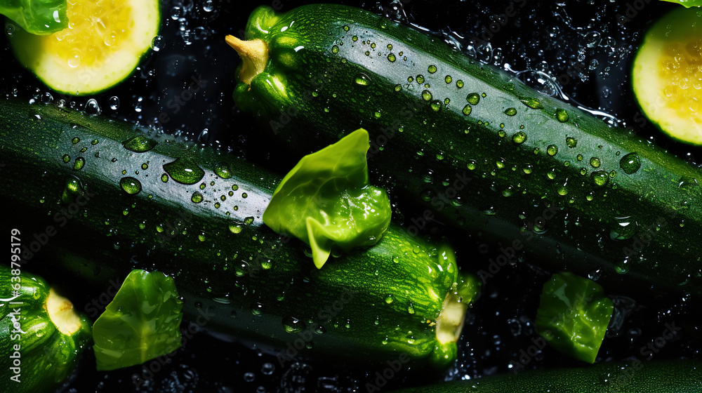 Freshgreen zucchini or courgettes with water drops background. Vegetables backdrop. Generative AI