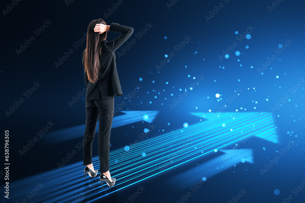 Back view of thoughtful young european businesswoman with glowing digital arrow made up of blue tech