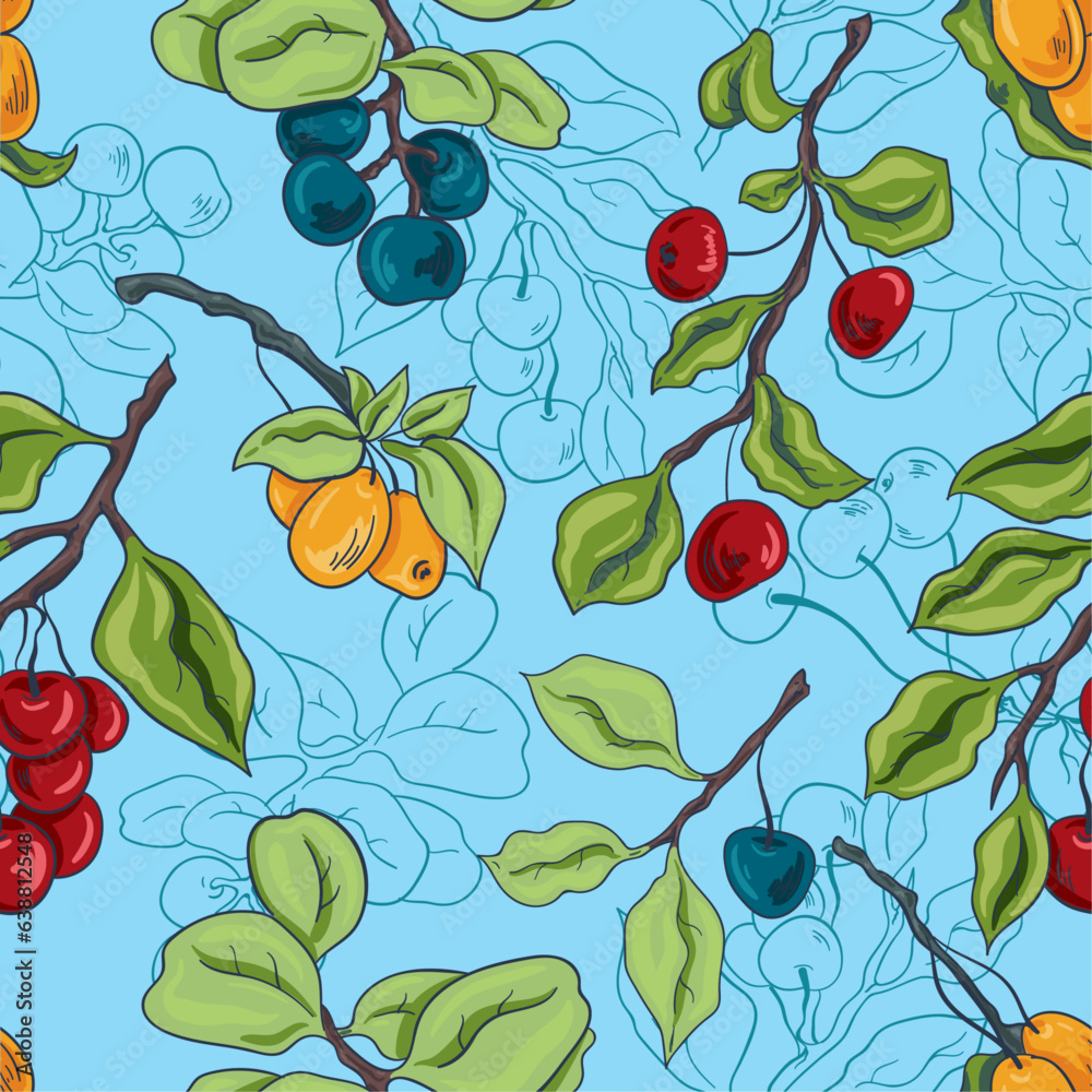 Seamless background collection of twigs with fruits on a blue background. Sea buckthorn, cherry and 