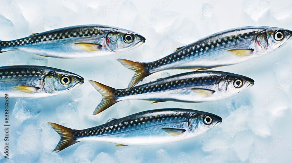 Fresh mackerel fish (Scomber scrombrus) on ice. Seafood background. Generative AI