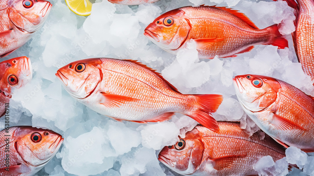 Red snapper fish catch in ice cubes. Seafood background. Generative AI