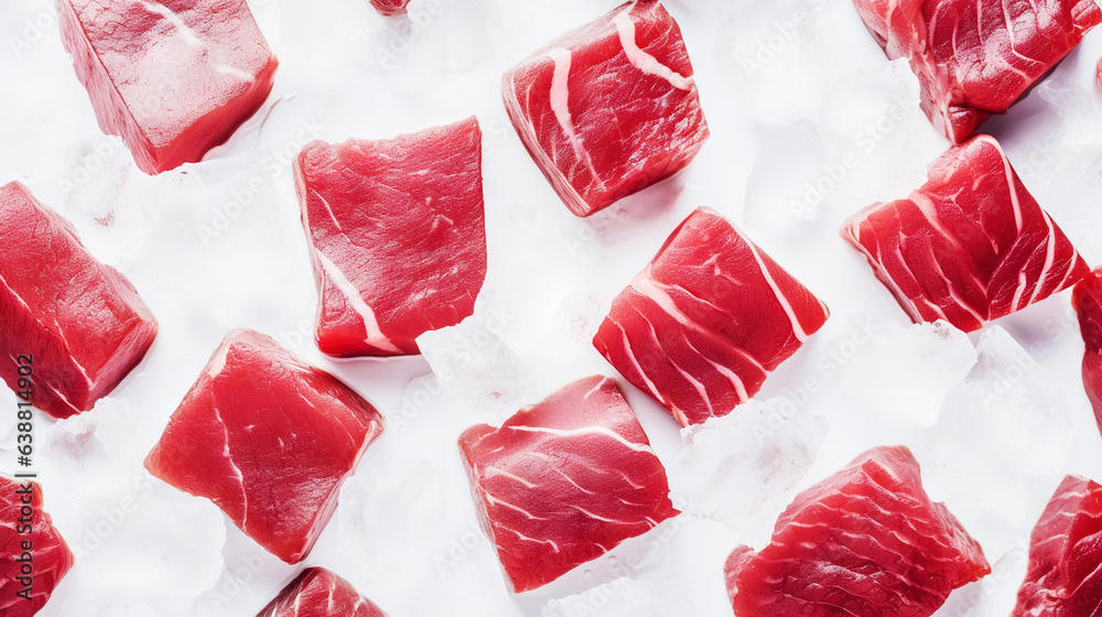 Slices of tuna fish on the ice cubes. Fresh fish fillet. Seafood background. Generative AI