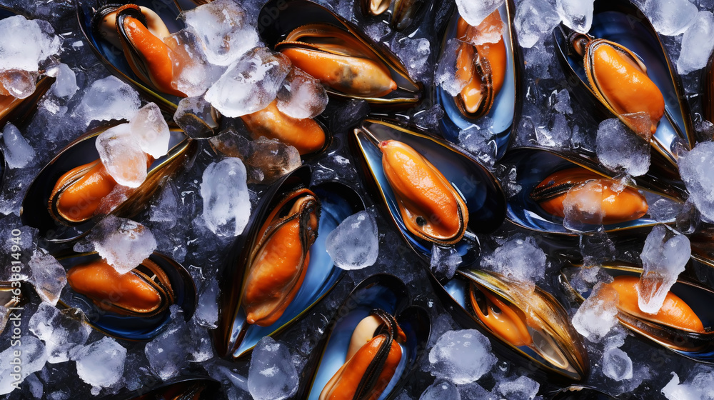 Raw Mussels on ice in the restaurant . Fresh seafood shellfish background. Generative AI