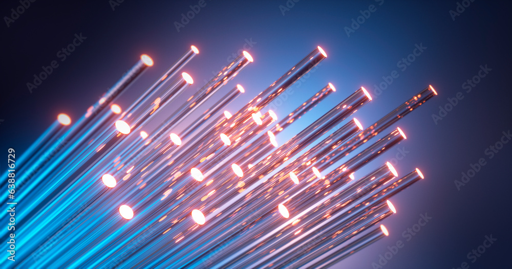 Close up of fiber optics cable with light effects and blue background - 3D illustration