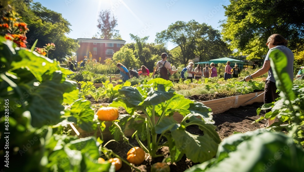 Group of people working in the garden on a sunny summer day.