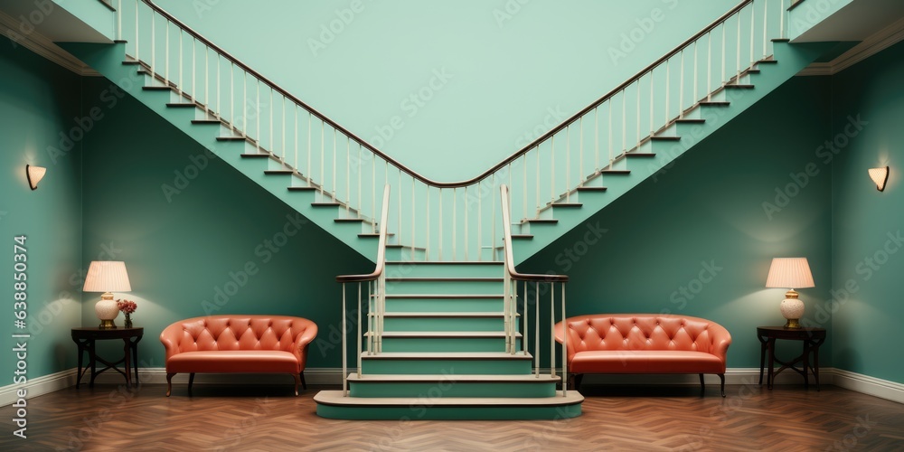 A living room with a staircase and two couches. Digital image.