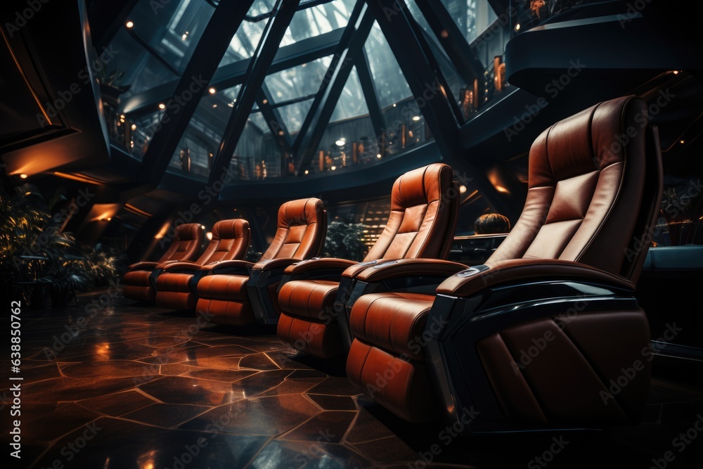 A row of brown leather recliners in a dark room. Digital image.