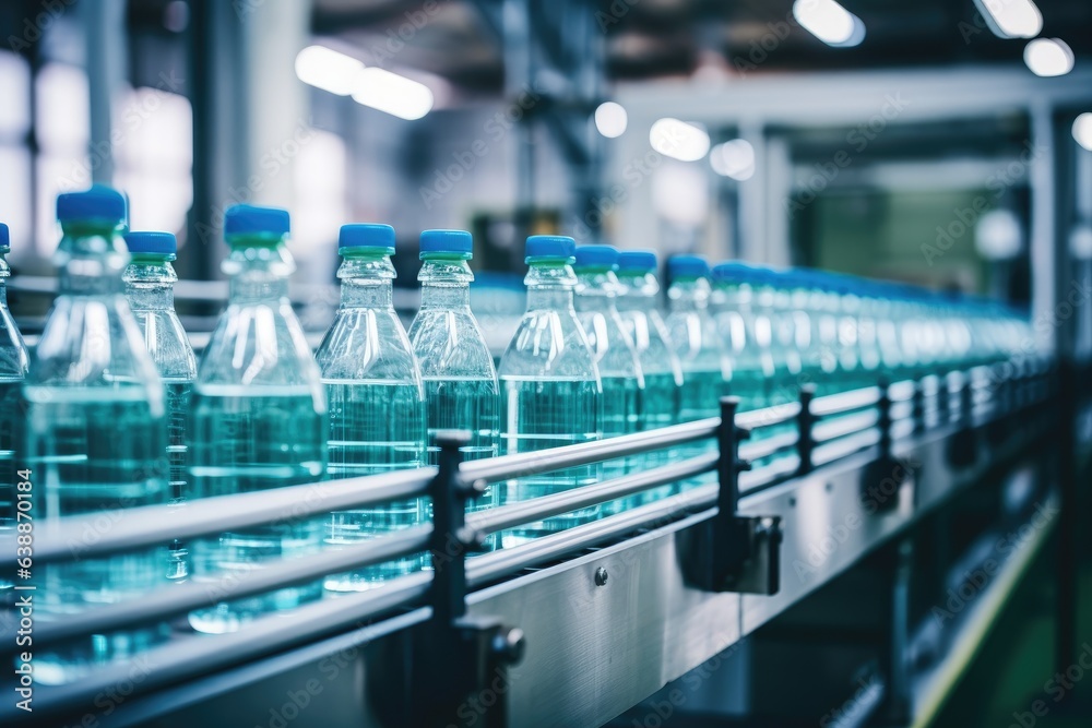 Process of beverage manufacturing on a conveyor belt at a factory.