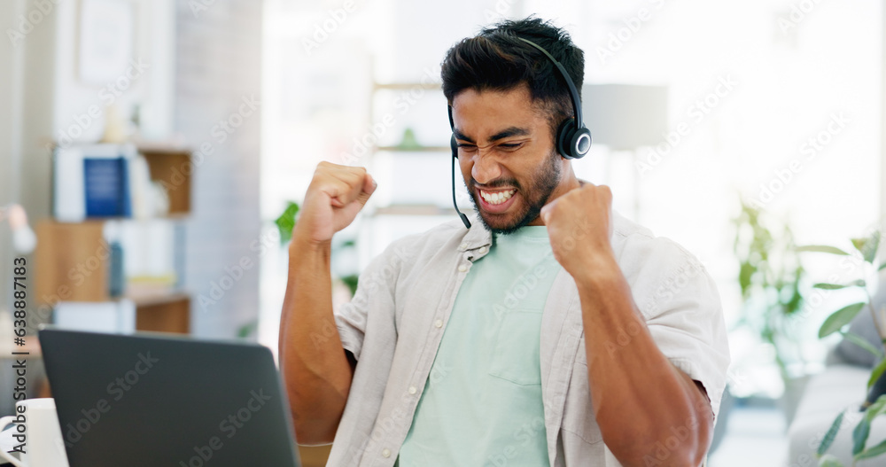 Success, win and call center worker with a laptop to celebrate a target, goal or bonus in remote wor