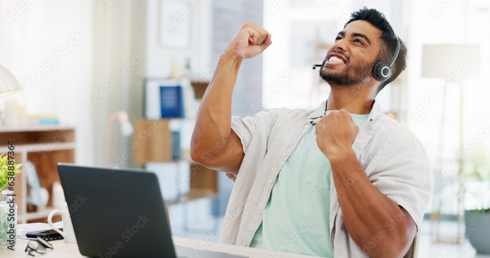 Success, win and call center worker with a laptop to celebrate a target, goal or bonus in remote wor