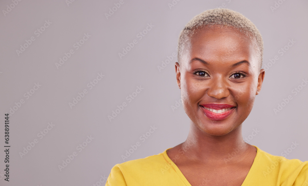 Happy, beauty and portrait of black woman in studio with glow, cosmetic or makeup routine. Happiness