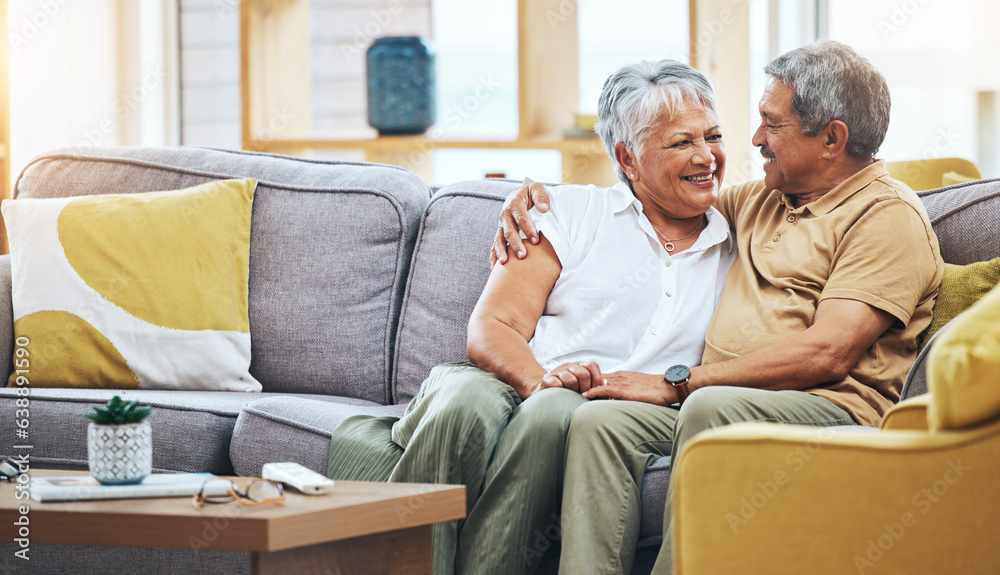 Love, relax and senior couple on sofa for bonding, healthy marriage and relationship in living room.