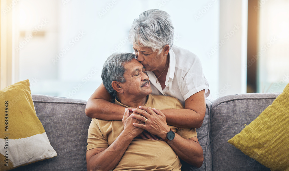 Love, kiss and senior couple on sofa for bonding, healthy marriage and relationship in living room. 