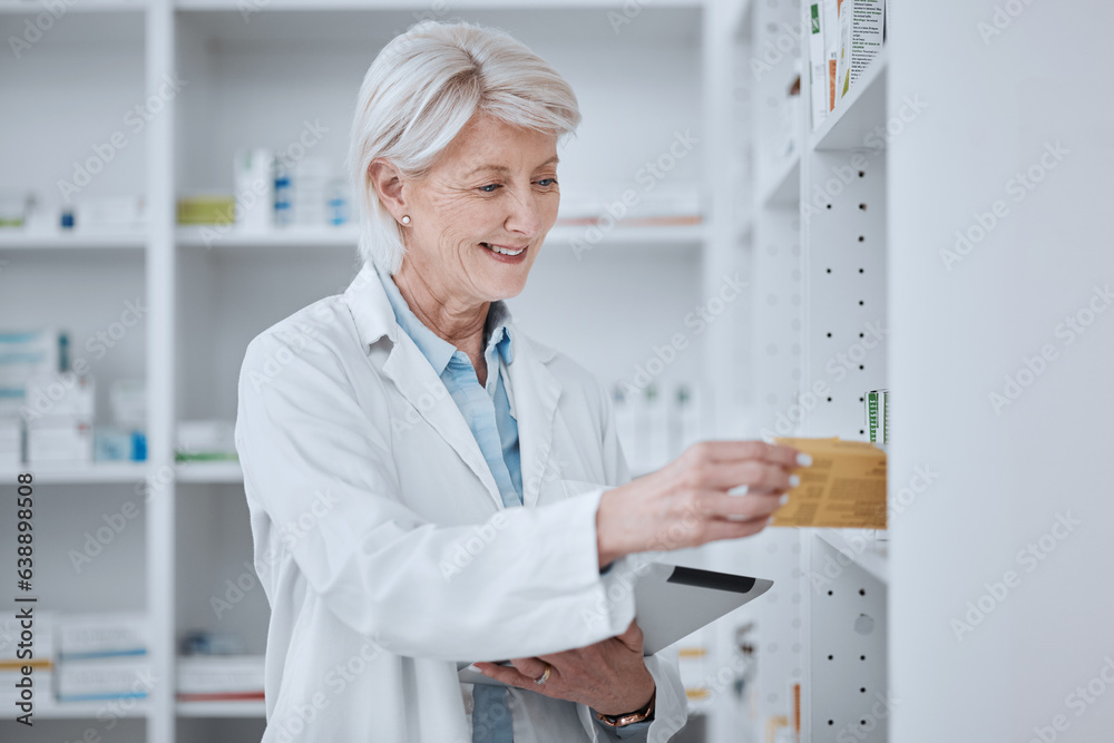 Pharmacy, senior woman and tablet with pills, inventory and checking stock with connection, smile an