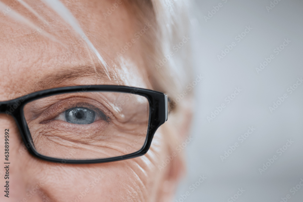 Eye, old woman and glasses for vision and lens, mockup space and optometry with closeup of health an