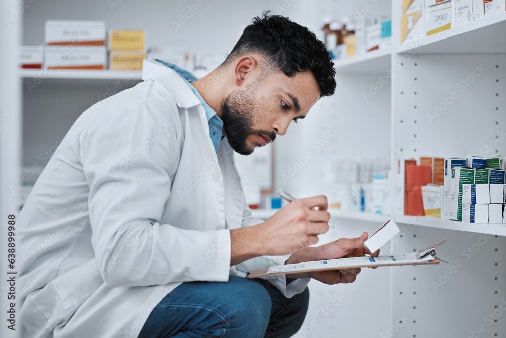 Man, pharmacist and clipboard for inventory inspection on shelf in checking stock, medication or pil