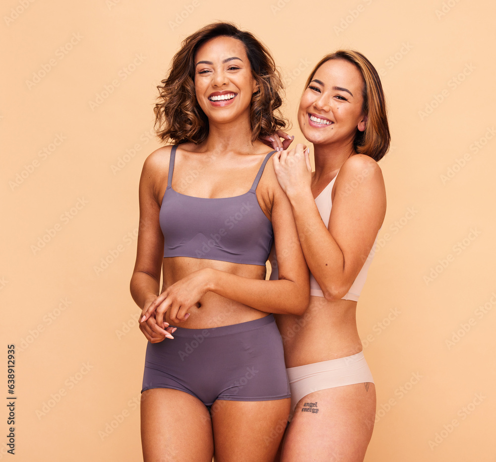 Beauty, diversity and smile with portrait of women in studio for health, body and cosmetics. Spa, se