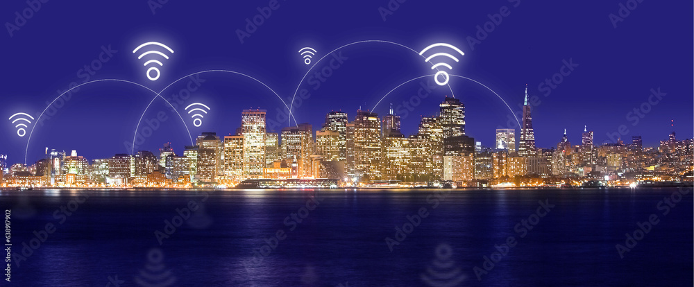 City, night and wireless network or internet with neon overlay, lights and connection for communicat