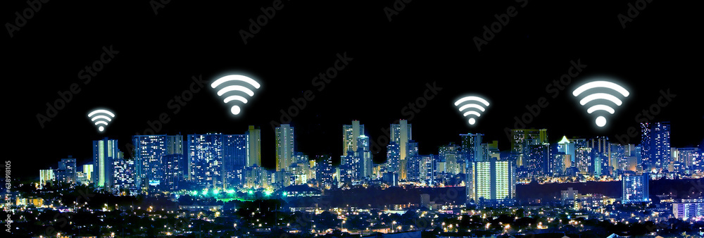 Night, city and wireless network or internet with neon overlay, lights and connection for communicat