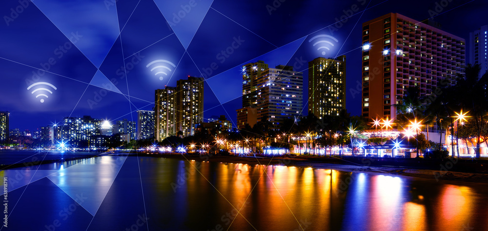 Internet, city and wireless network at night with neon overlay, lights and connection for communicat