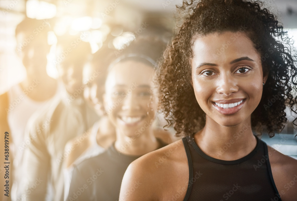 Fitness, black woman and portrait with team, workout class and training in a health and wellness clu