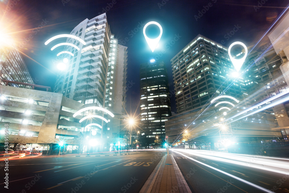 City street, internet and night, wireless connectivity with building, technology abstract and commun