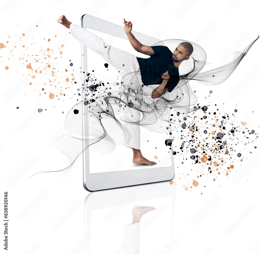 Tablet, karate and fitness app with a man on a screen in studio isolated on a white background. Spor