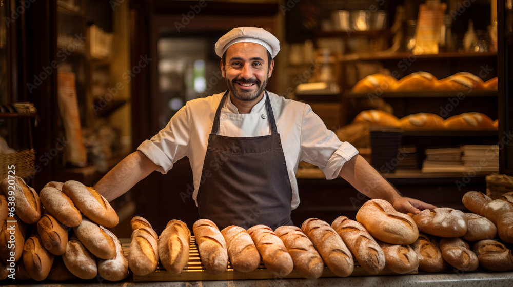 European french baker portrait inside his bakery surrounded by many types of bread and baguette