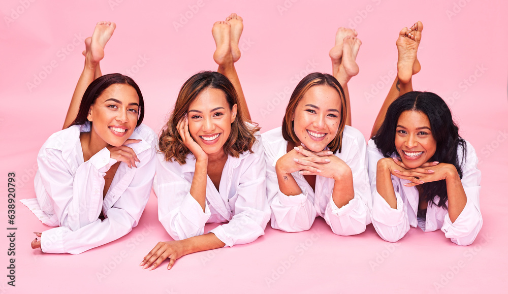 Portrait, smile and lingerie with model friends on a pink background in studio for natural skincare.