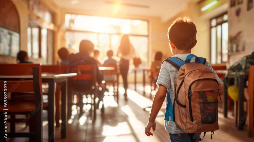 Back view of a boy kid entering the classroom with his backpack , back to school concept image