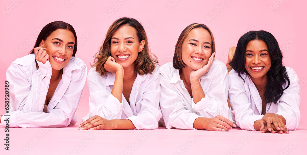 Portrait, smile and lingerie with woman friends on a pink background in studio for natural skincare.