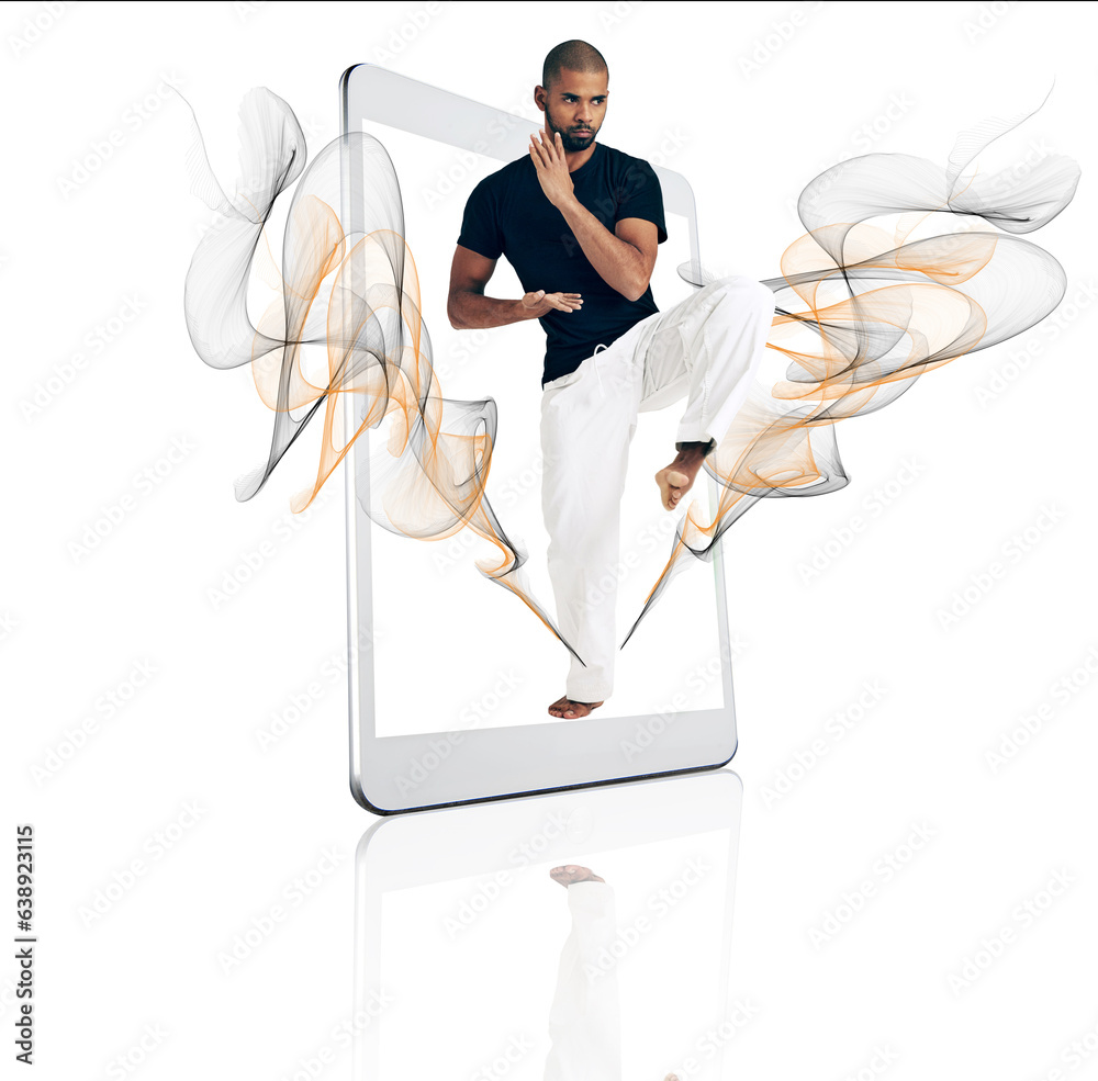 Tablet, karate and fitness app with a sports man on a screen in studio isolated on a white backgroun