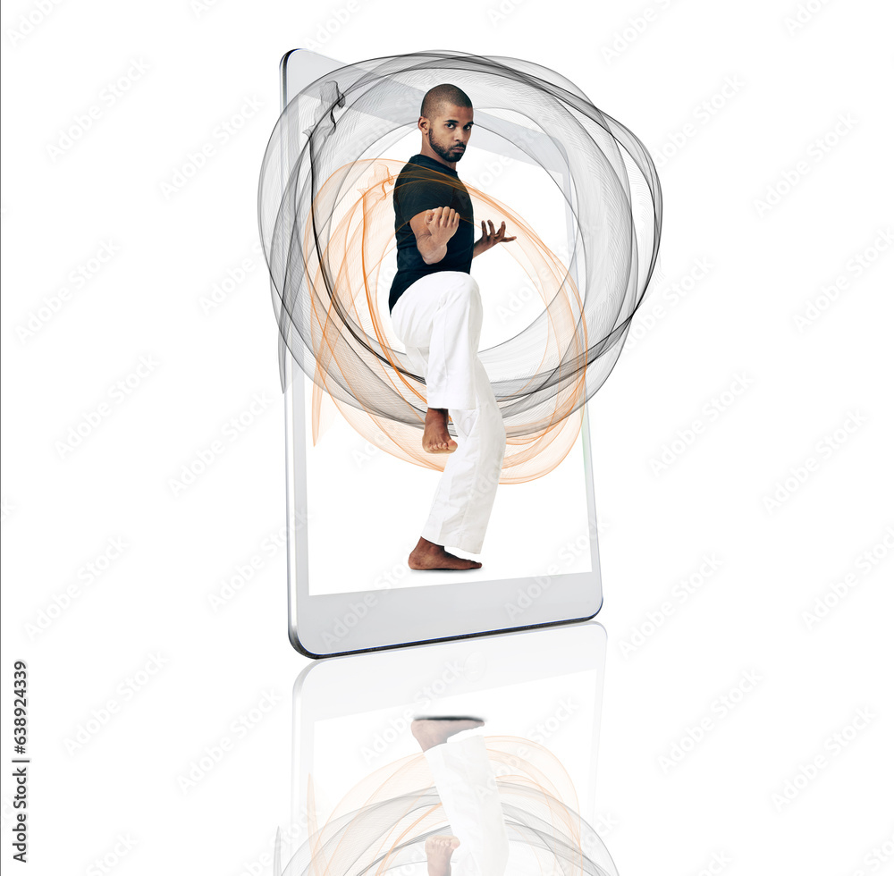 Tablet, portrait and fitness app with a karate man on a screen in studio isolated on a white backgro