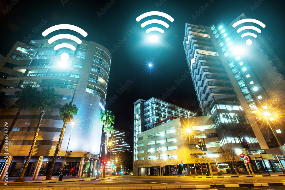 Cityscape, internet and night, wireless connectivity with building, technology abstract and communic