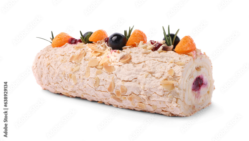 Tasty meringue roll with tangerine slices and rosemary isolated on white