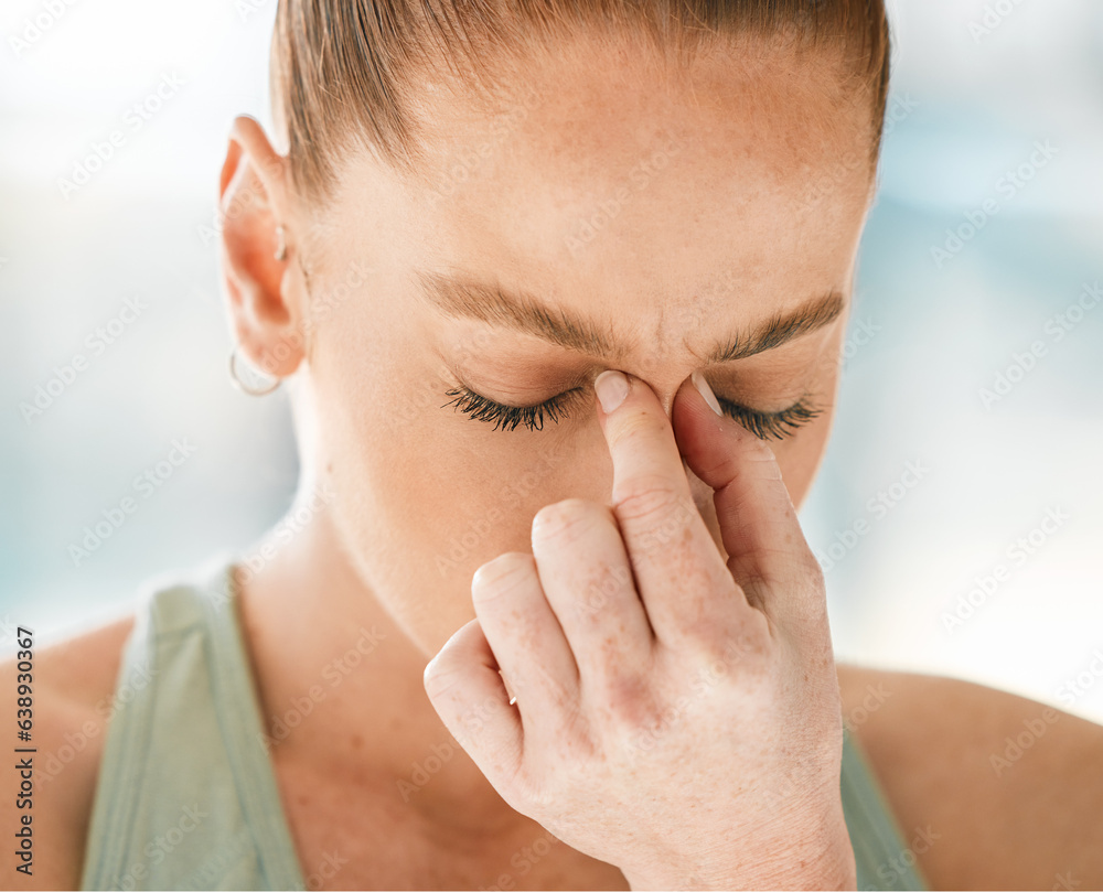 Stress, headache or face of woman at gym for fitness, exercise or workout challenge with anxiety. Ti