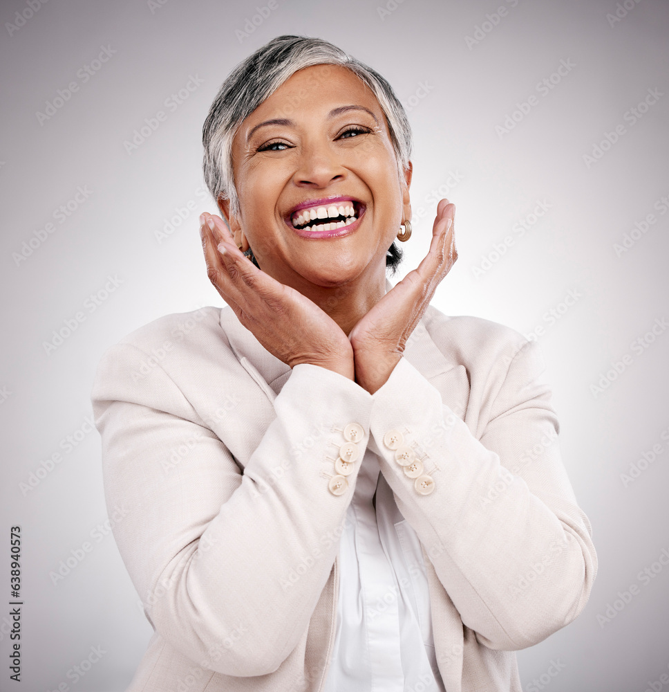 Portrait, hands and beauty of mature woman in suit in studio isolated on a white background. Face, m