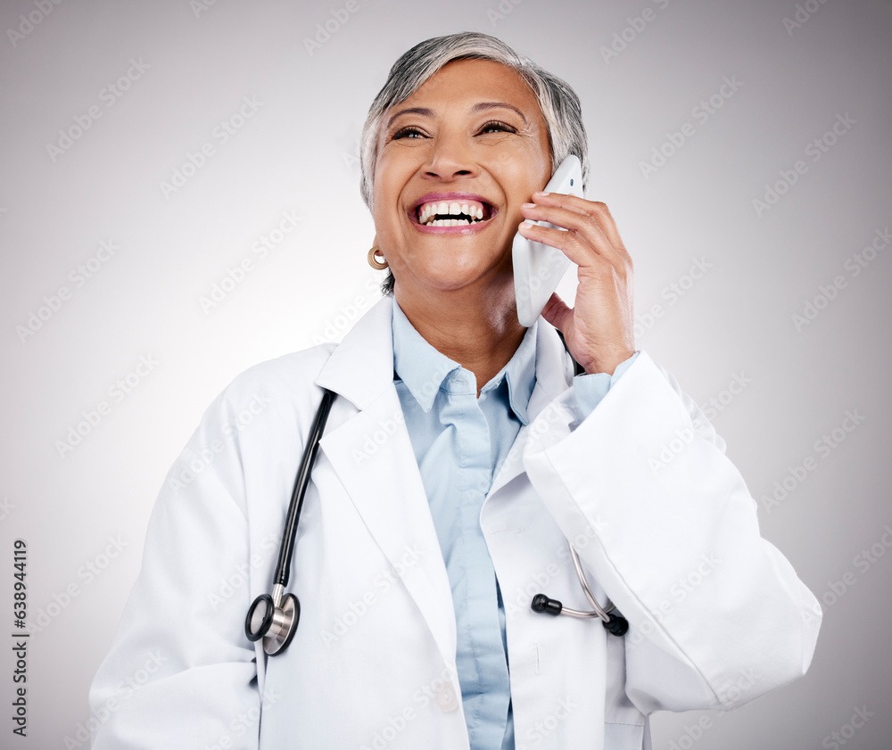 Phone call, doctor and woman in studio for happy conversation, medical consulting or telehealth cont