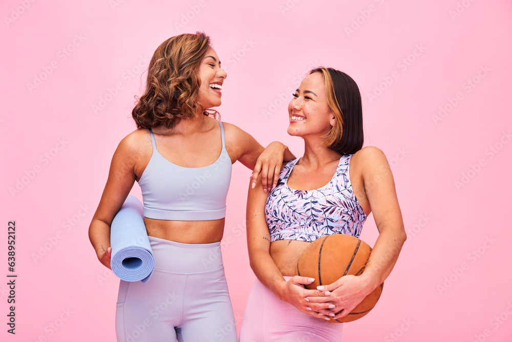 Sports, fitness and women on pink background for yoga, training and exercise with ball and yogi mat.