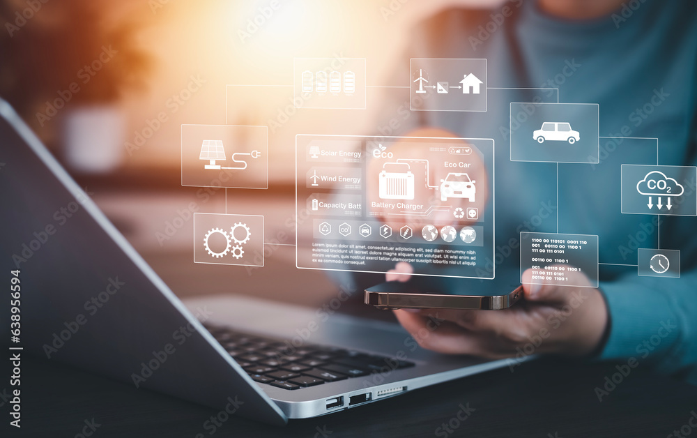 Businessman using laptops and touch recycle symbol with virtual modern reduce CO2 emission concept w