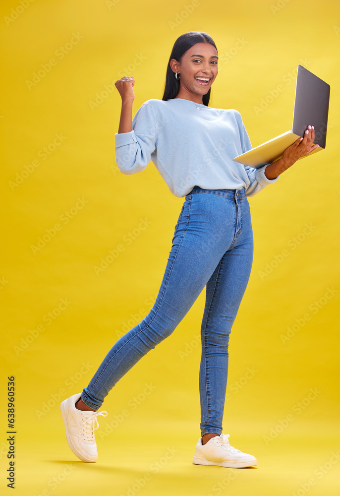 Woman, student and winner on laptop for success, university news and e learning results or opportuni