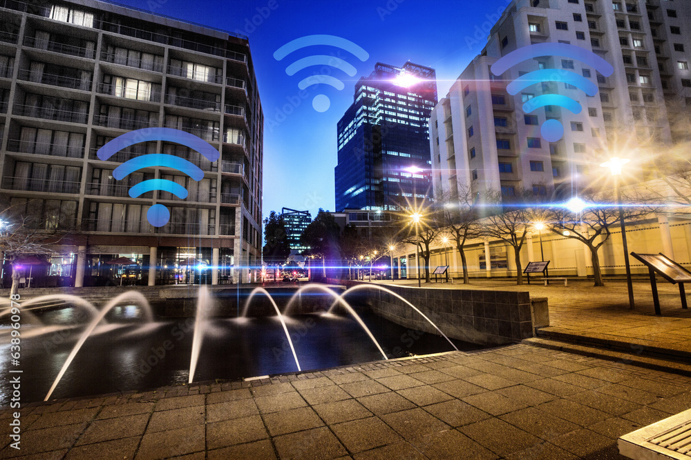 Network, city and wireless internet at night with neon overlay, lights and connection for communicat