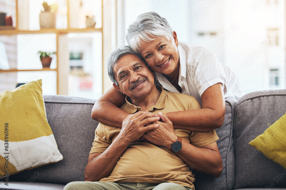 Portrait, hug and senior couple on sofa for bonding, healthy marriage and relationship in living roo