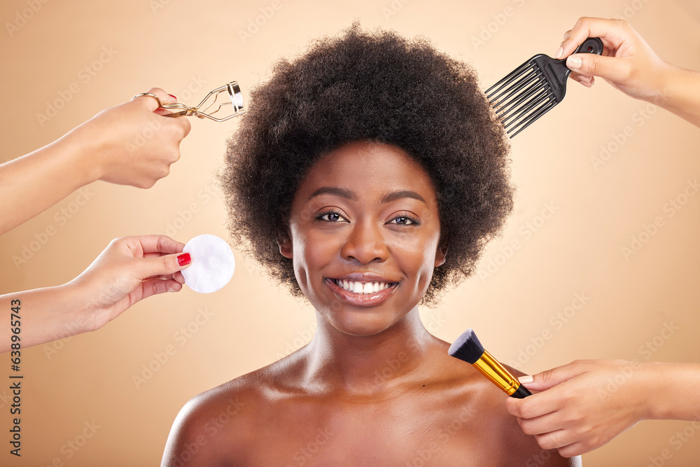 Beauty, tools and portrait of black woman in studio for skincare, haircare and cosmetics. Smile, afr