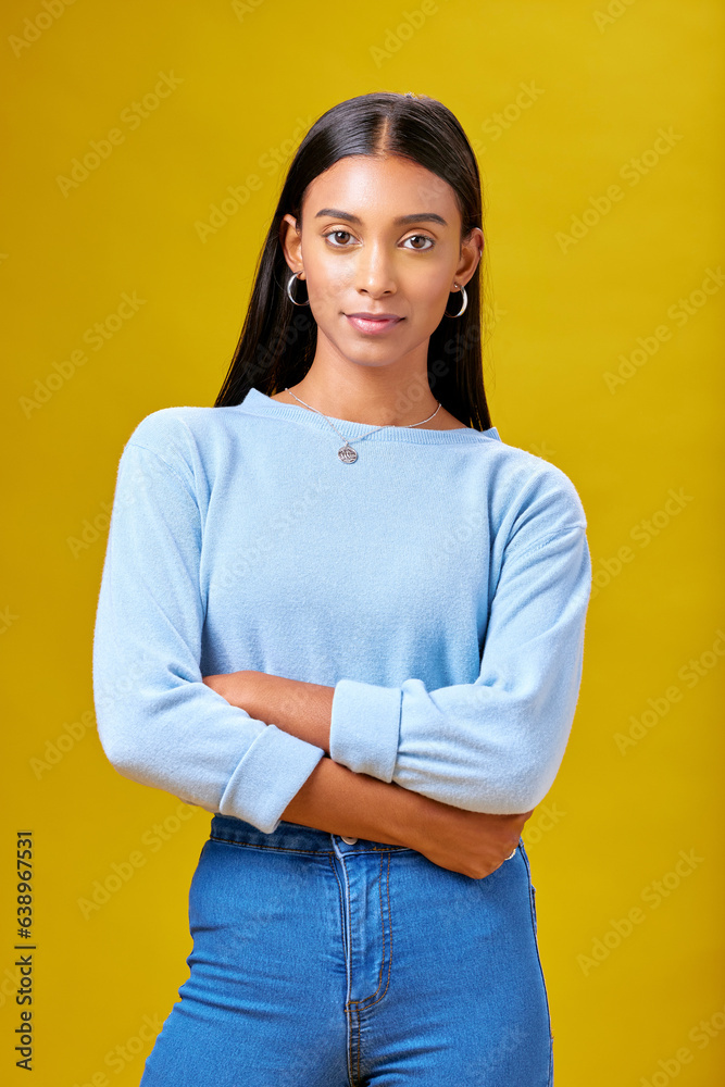 Arms crossed, fashion and student with portrait of woman in studio for future, pride and serious. Yo