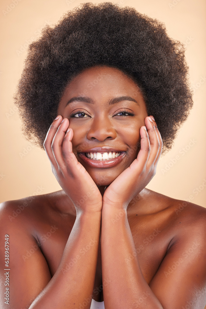 Natural woman, face and beauty portrait in studio with skin care, dermatology and glow. A happy Afri