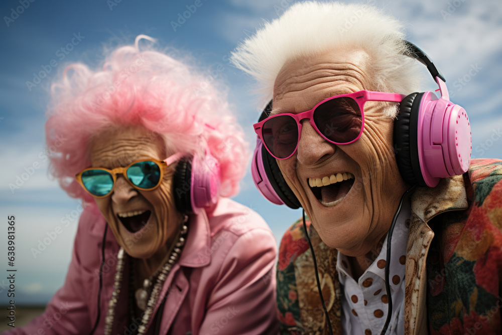 Crazy happy stylish old people pensioners laugh