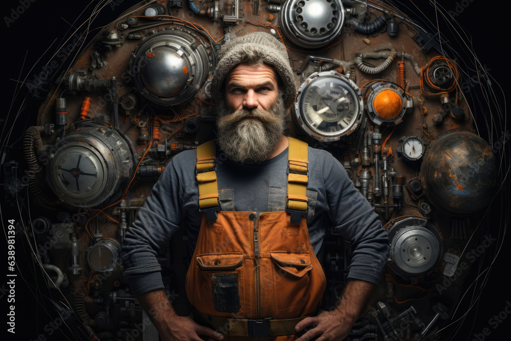 portrait of a mechanic in special clothes against the background of mechanisms